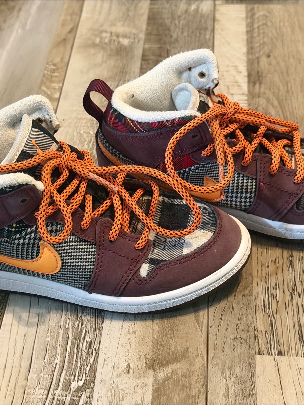 Nike Air Jordan’s Kids Burgundy and Orange Patterned High-Top Sneakers